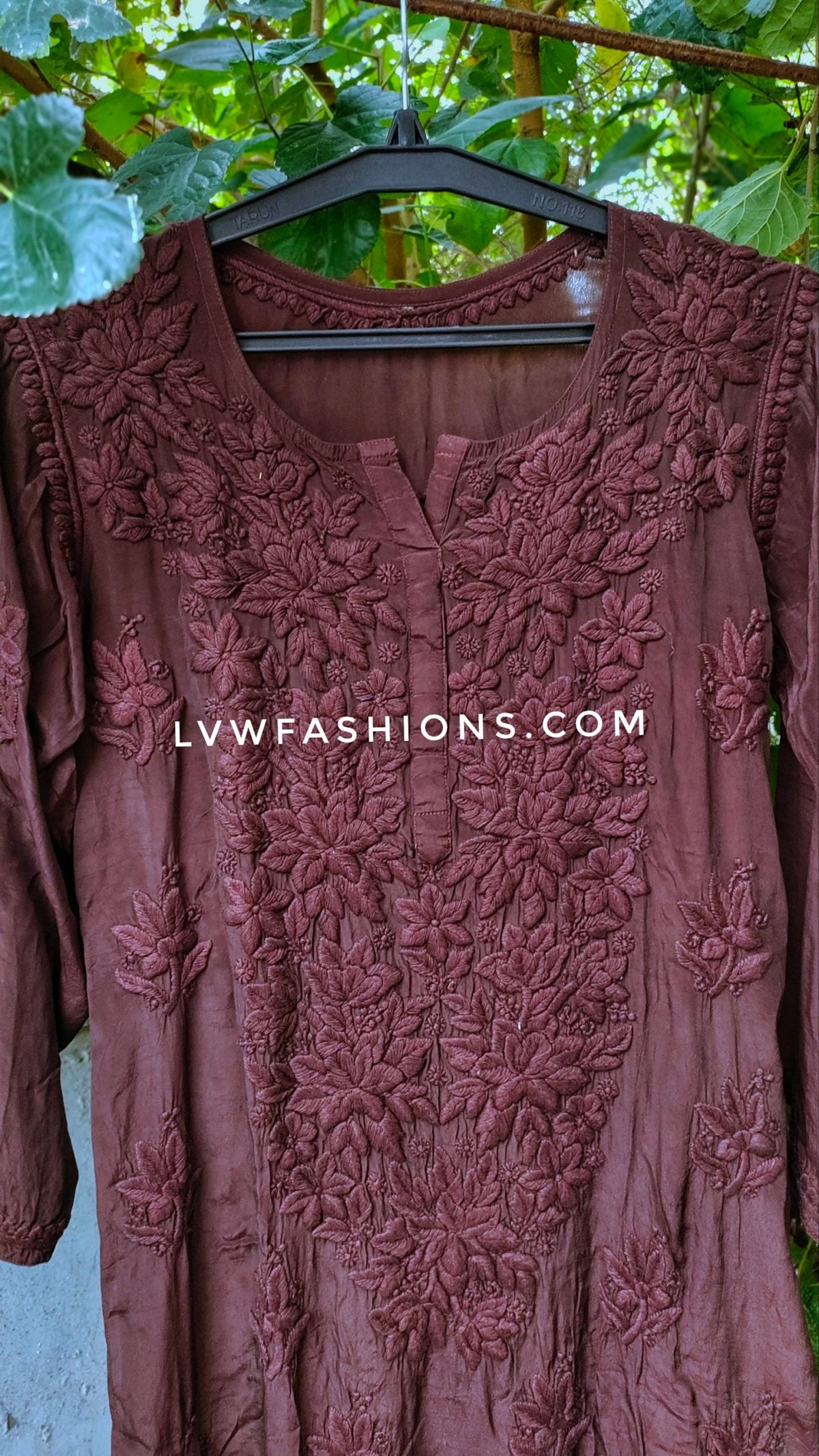 LVW Fashions handmade silk chikankari long kurta with luxurious look and beautiful shadey, traditional Lucknow chikankari craftsmanship.