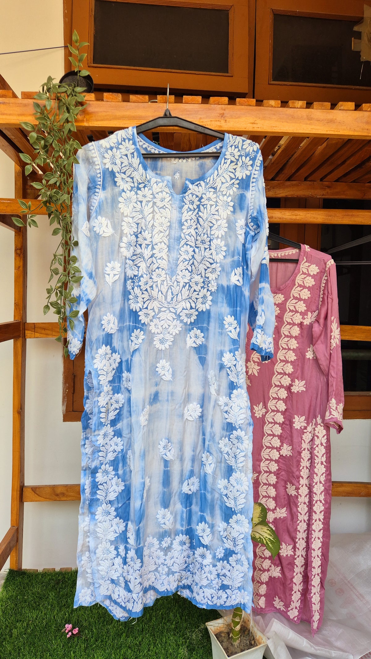 Feria Premium Silk Chikankari Tye Dye Long Kurta by LVW Fashions, handmade Lucknow Chikankari silk kurta in vibrant Tye Dye design.