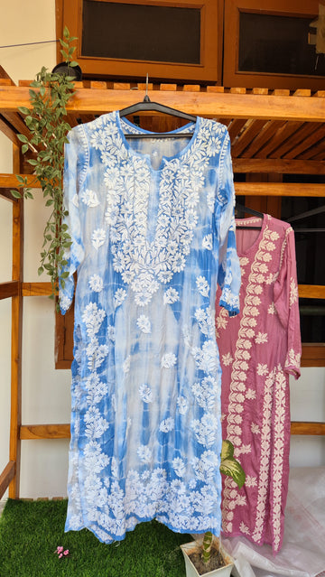Feria Premium Silk Chikankari Tye Dye Long Kurta by LVW Fashions, handmade Lucknow Chikankari silk kurta in vibrant Tye Dye design.