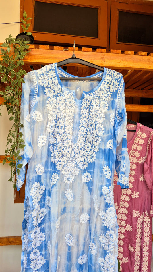 Feria Premium Silk Chikankari Tye Dye Long Kurta by LVW Fashions, handmade Lucknow chikankari with vibrant tye dye pattern.