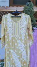 Yellow premium silk Feriha Flower Chikankari kurta by LVW Fashions, featuring luxurious handmade Lucknow embroidery.