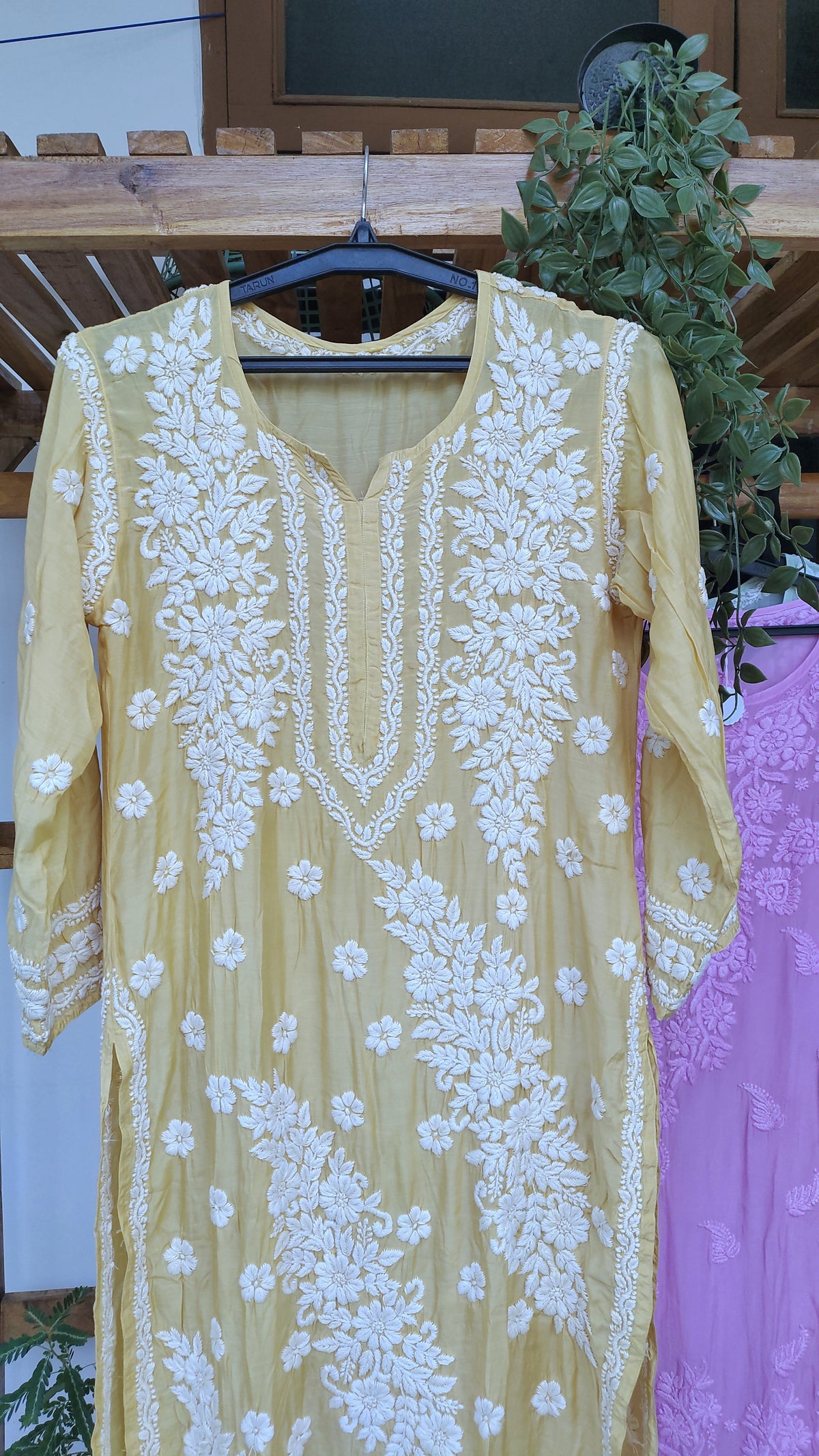 Yellow premium silk Feriha Flower Chikankari kurta by LVW Fashions, featuring luxurious handmade Lucknow embroidery.