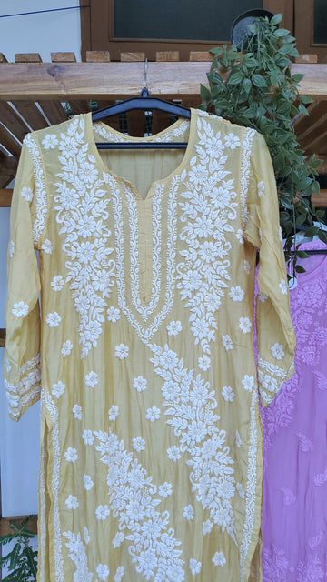 Yellow premium silk Feriha Flower Chikankari kurta by LVW Fashions, featuring luxurious handmade Lucknow embroidery.