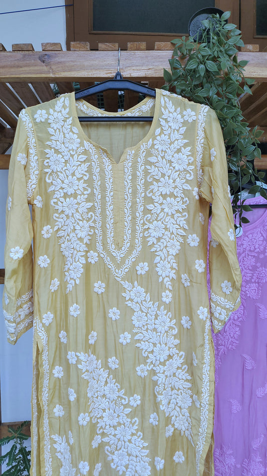 Yellow premium silk Feriha Flower Chikankari kurta by LVW Fashions, featuring luxurious handmade Lucknow embroidery.