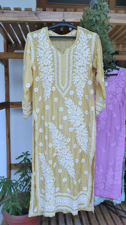 Yellow silk Feriha Flower Chikankari Kurta by LVW Fashions, handmade with luxurious Lucknow embroidery, elegant and premium look.