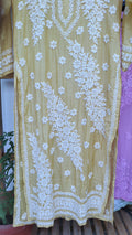 Yellow silk Feriha Flower Chikankari Kurta by LVW Fashions, featuring luxurious handmade Lucknow embroidery and elegant floral design.