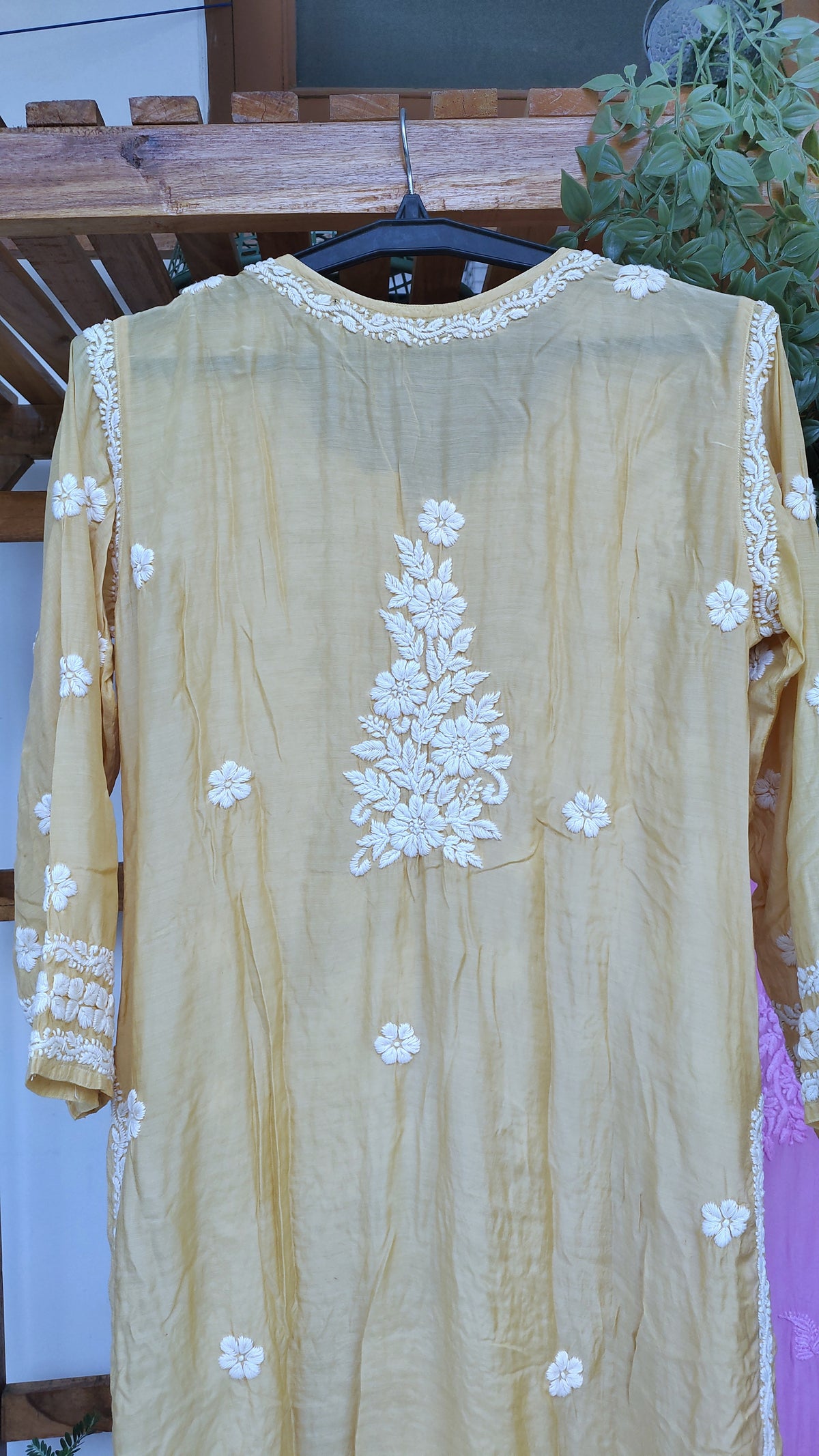 Yellow silk Feriha Flower Chikankari Kurta by LVW Fashions with intricate handmade Lucknow embroidery, luxurious look.