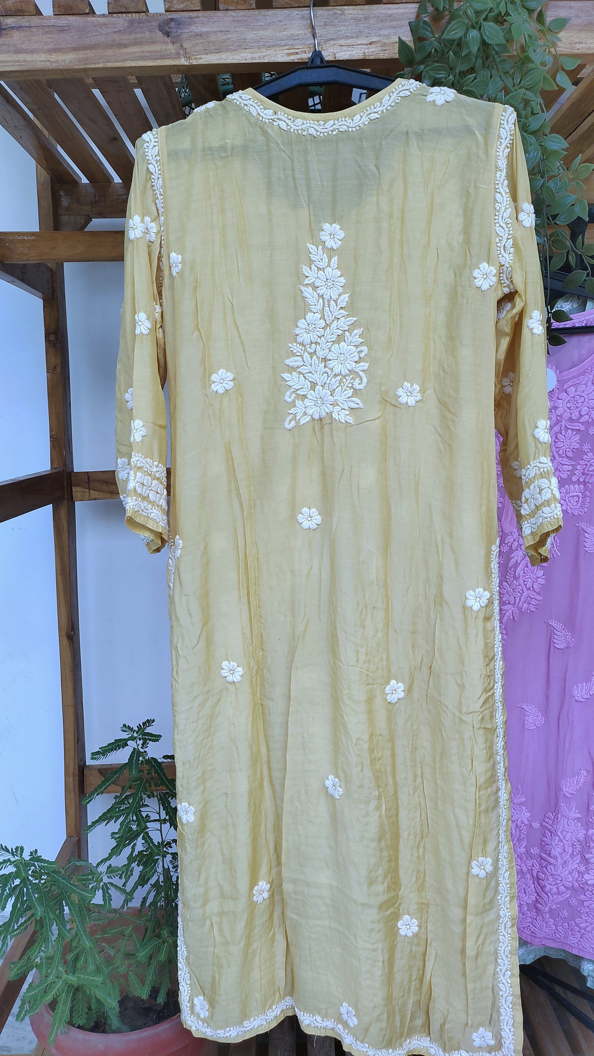 Yellow silk Feriha Flower Kurta by LVW Fashions, handmade Lucknow Chikankari with luxurious look and intricate embroidery.
