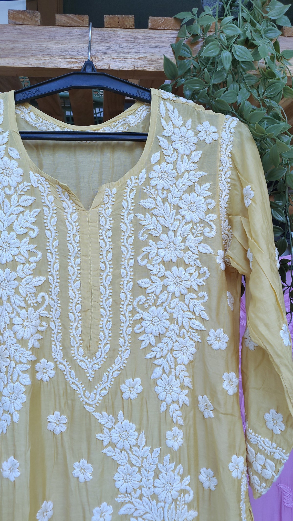 Yellow silk Feriha Flower Chikankari Kurta by LVW Fashions, featuring intricate Lucknow embroidery and a luxurious look.