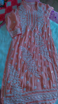 Feriha Peach premium silk long chikankari kurta with panel design, handmade by LVW Fashions, featuring luxurious Lucknow chikankari.