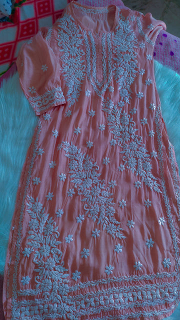 Feriha Peach premium silk long chikankari kurta with panel design, handmade by LVW Fashions, featuring luxurious Lucknow chikankari.