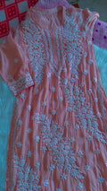 Handmade Feriha Peach silk Chikankari long kurta with panel design, luxurious craftsmanship, by LVW Fashions.