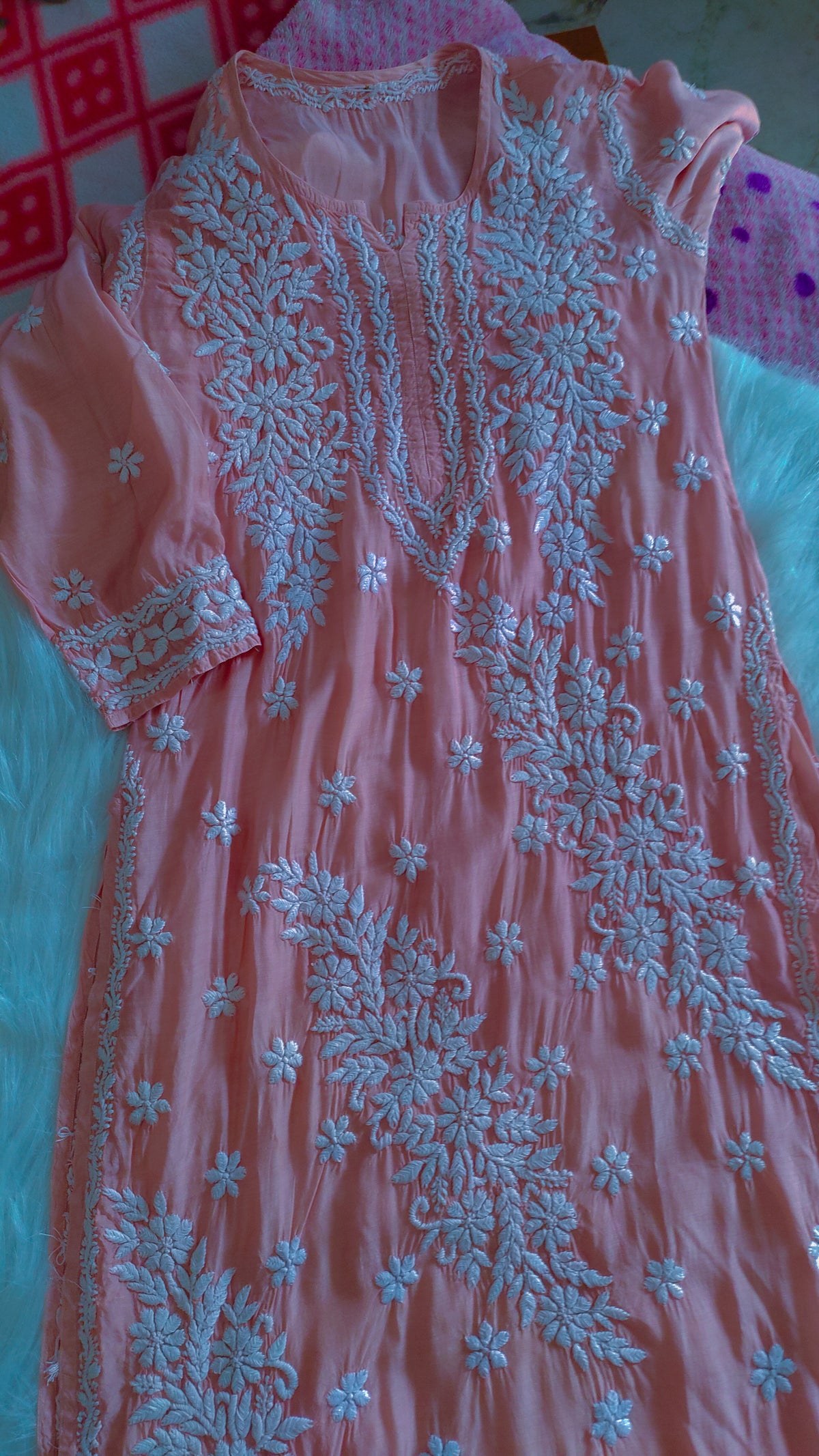 Handmade Feriha Peach silk Chikankari long kurta with panel design, luxurious craftsmanship, by LVW Fashions.