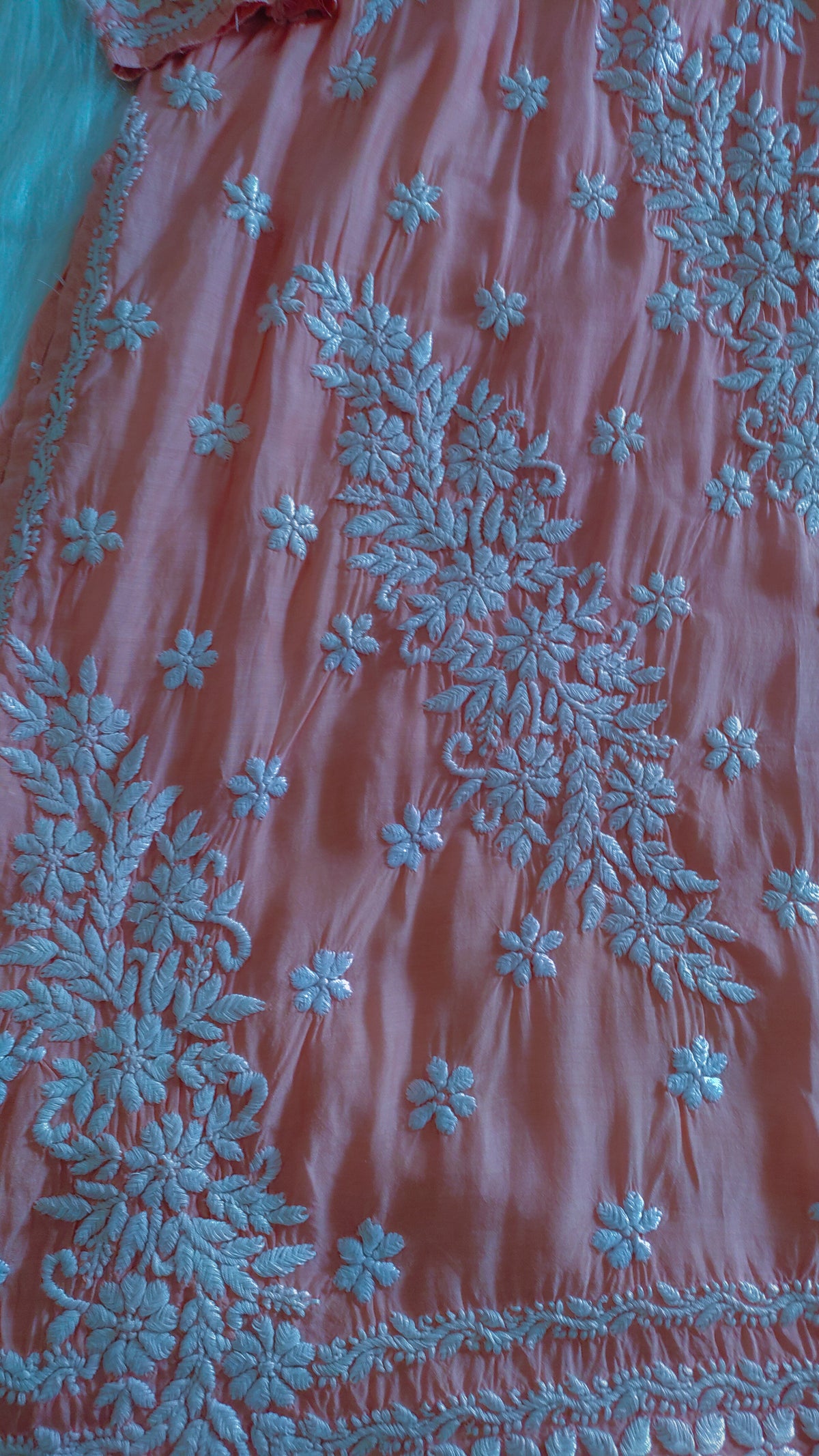 Feriha Peach premium silk chikankari long kurta with panel design, handmade Lucknow chikankari by LVW Fashions.