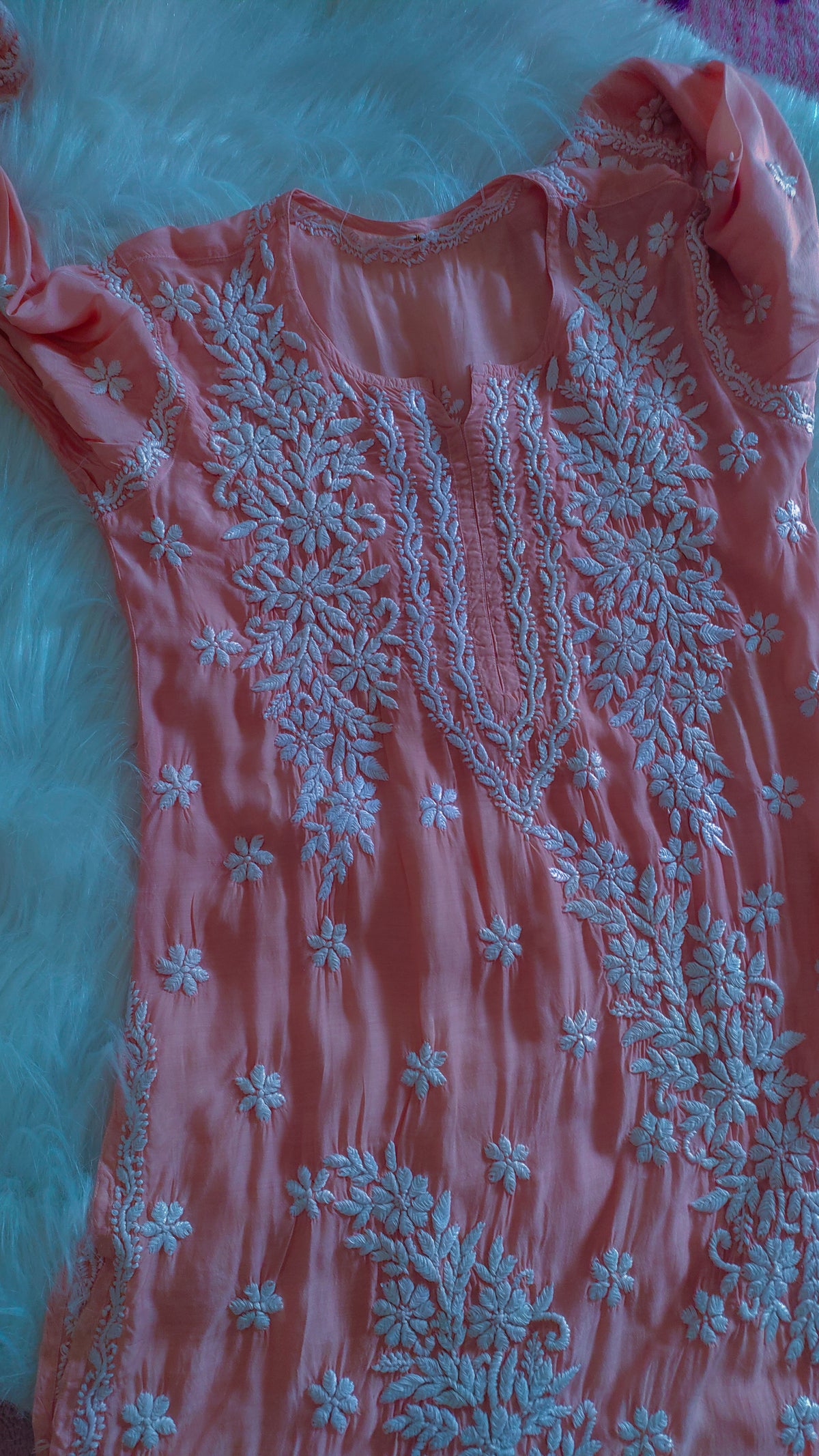 Feriha Peach premium silk long Kurta with intricate Lucknow Chikankari, panel design, handmade by LVW Fashions.
