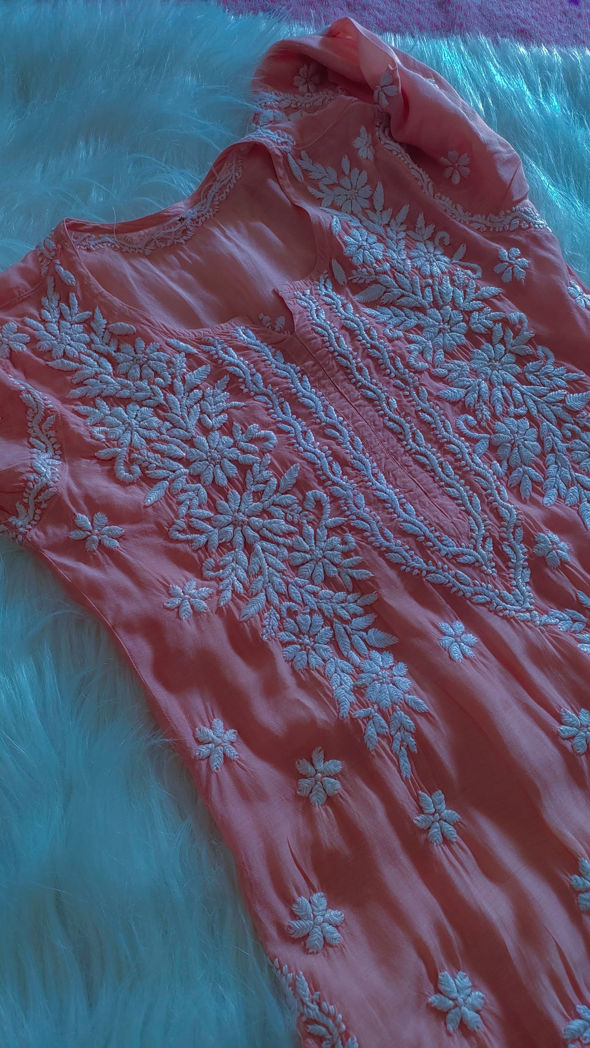 Feriha Peach Silk Chikankari Long Kurta with panel design, handmade by LVW Fashions, featuring intricate Lucknow chikankari embroidery.