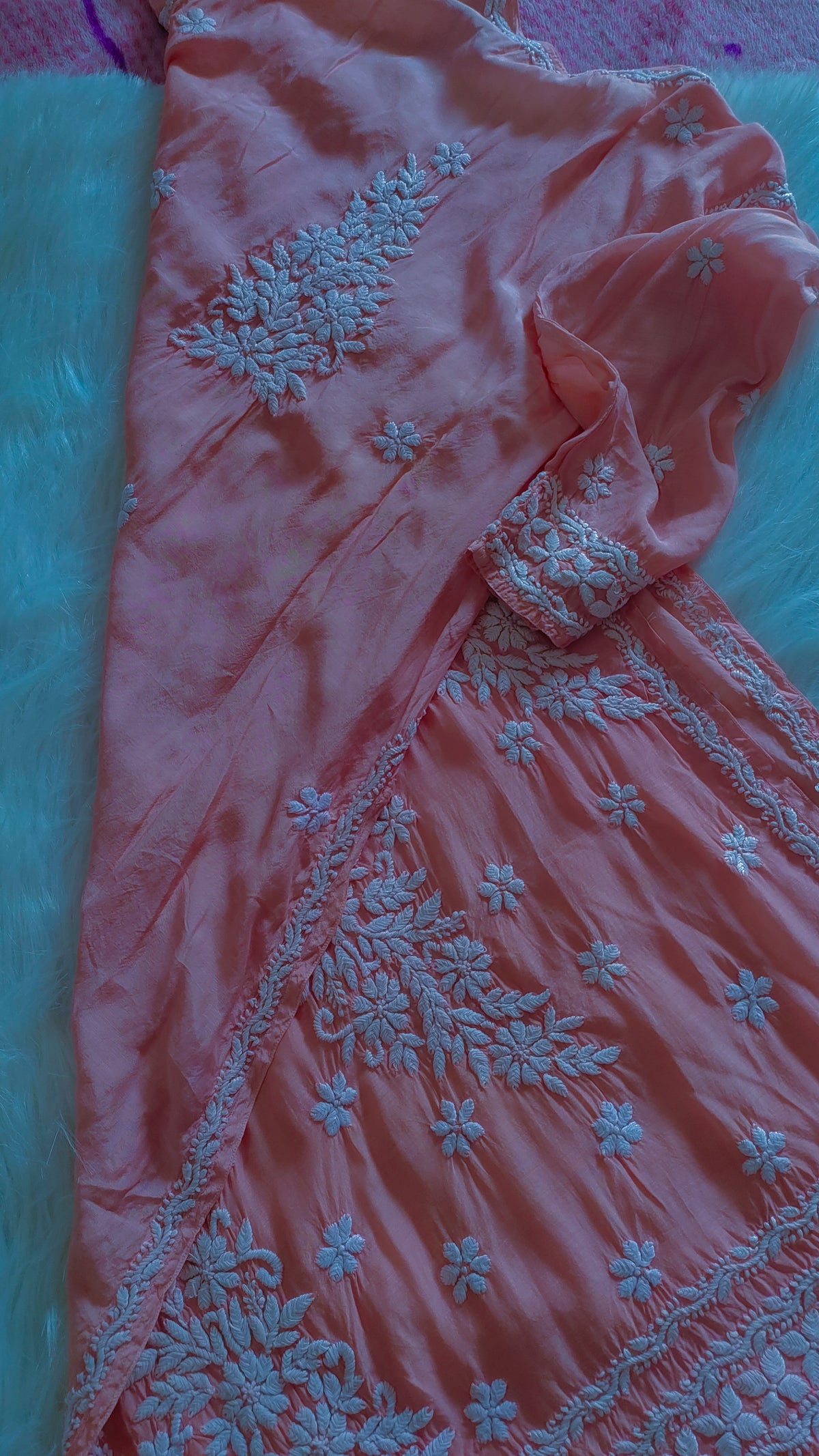 Feriha Peach premium silk long kurta with intricate Lucknow chikankari embroidery and panel design, handmade by LVW Fashions.