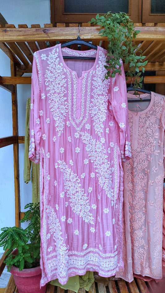 Pinkish premium silk Feriha Kurta with intricate Lucknow-style chikankari embroidery by LVW Fashions.