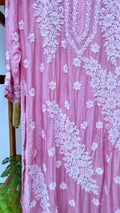 Pinkish Feriha premium silk chikankari kurta by LVW Fashions, showcasing intricate Lucknow handmade chikankari embroidery and luxurious look.