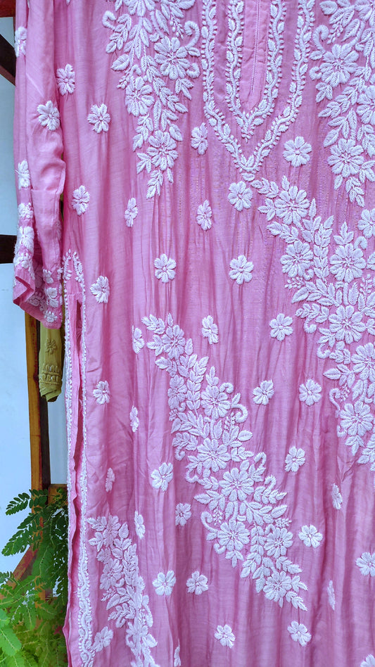 Pinkish Feriha premium silk chikankari kurta by LVW Fashions, showcasing intricate Lucknow handmade chikankari embroidery and luxurious look.
