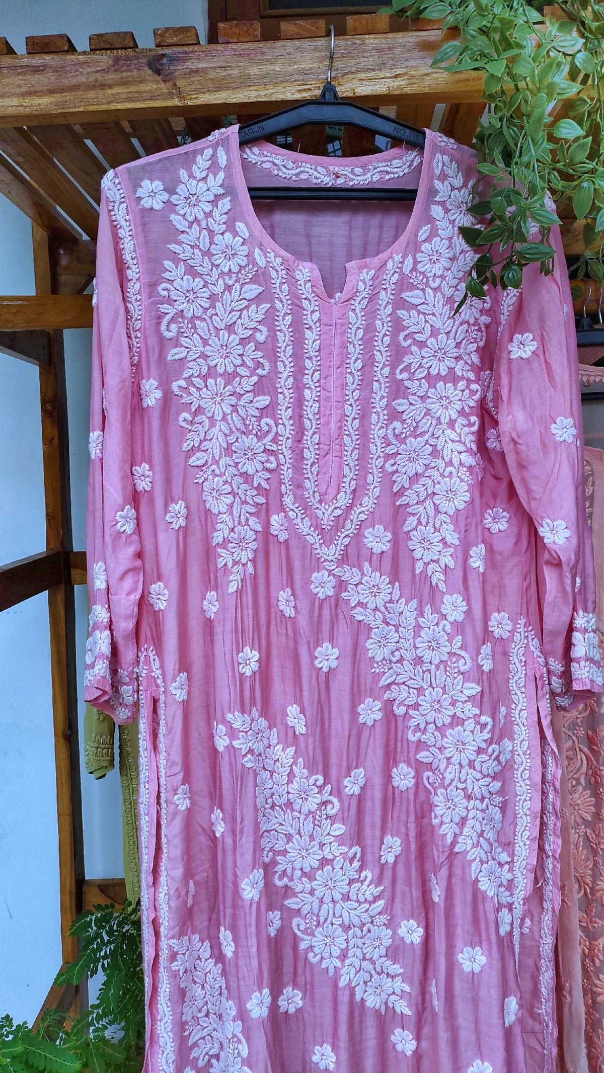 Pinkish premium silk Feriha Kurta with intricate Lucknow chikankari embroidery from LVW Fashions, showcasing luxurious craftsmanship.