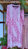Pinkish premium silk Feriha kurta with intricate handmade Lucknow chikankari embroidery, luxurious look, by LVW Fashions.