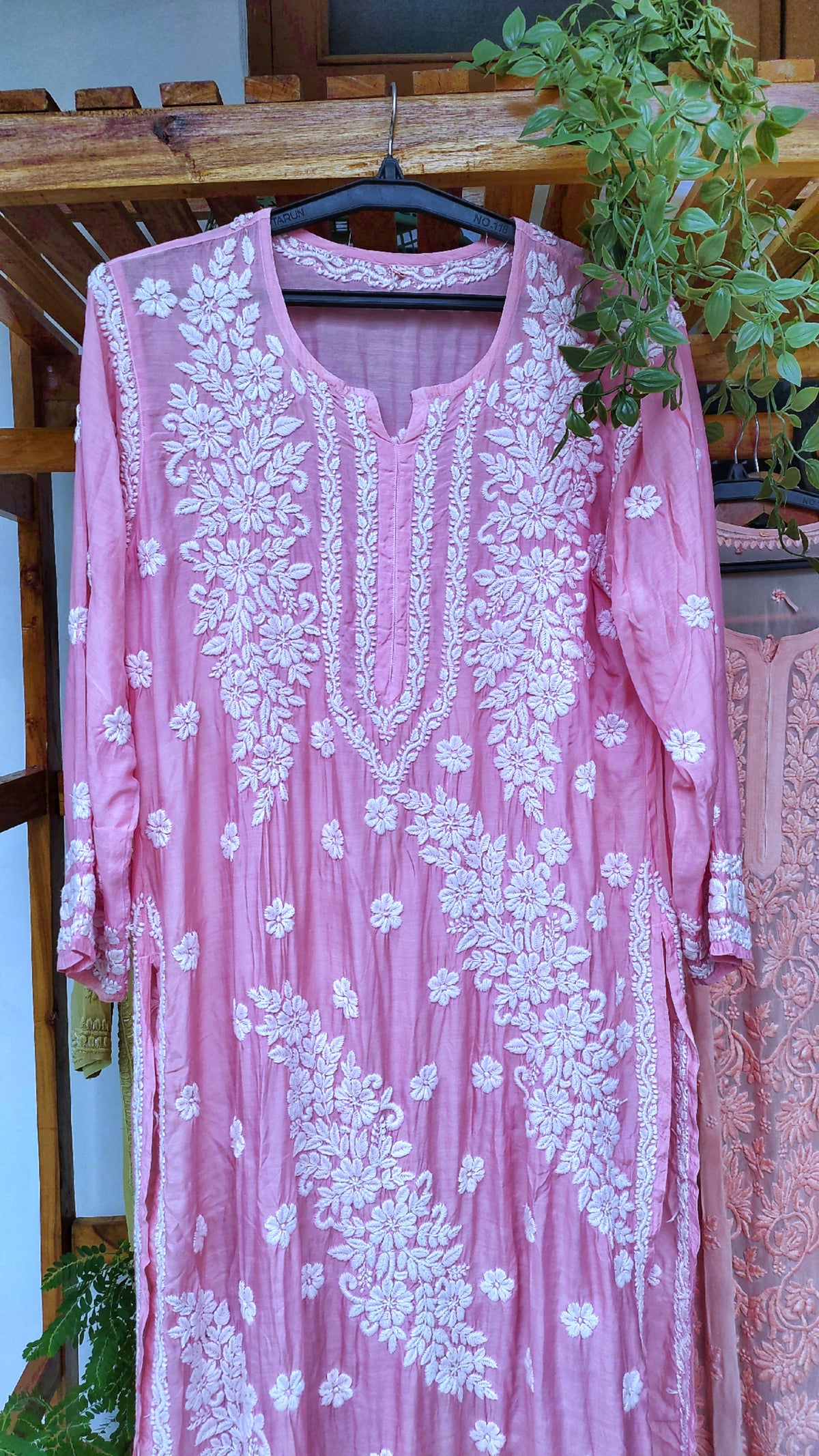 Pinkish premium silk Feriha kurta with intricate Lucknow chikankari embroidery, handmade by LVW Fashions.