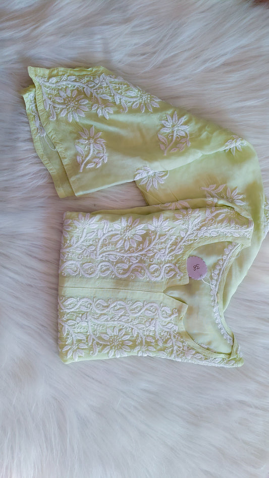 Feriha Pista green cotton silk long kurta with intricate handcrafted Lucknow Chikankari embroidery by LVW Fashions.