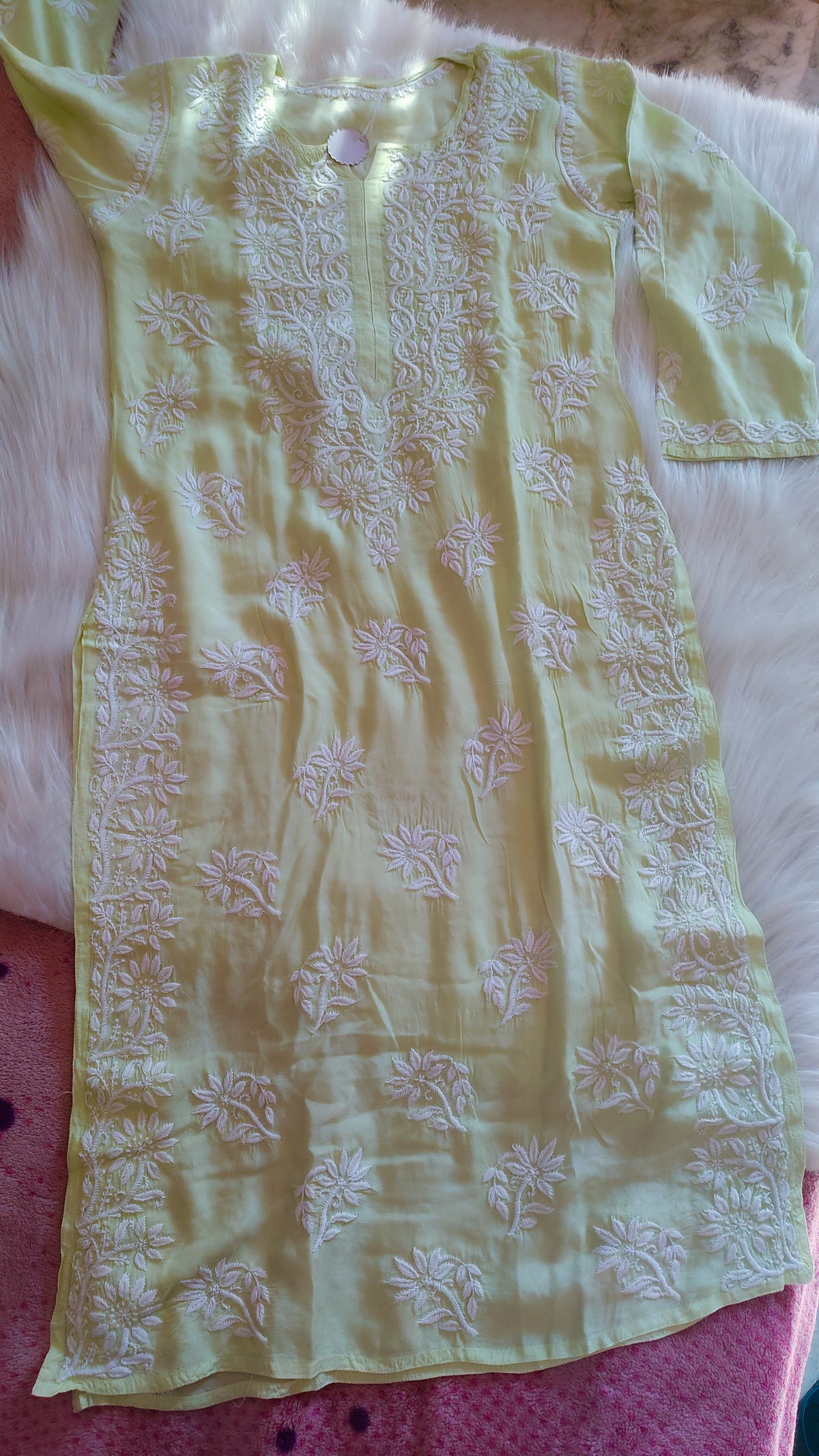 Feriha Pista premium cotton silk handcrafted Chikankari long kurta by LVW Fashions, showcasing intricate Lucknow-style embroidery.