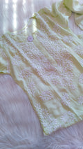 Feriha Pista premium cotton silk handcrafted Chikankari long kurta by LVW Fashions, featuring intricate Lucknow-style embroidery.