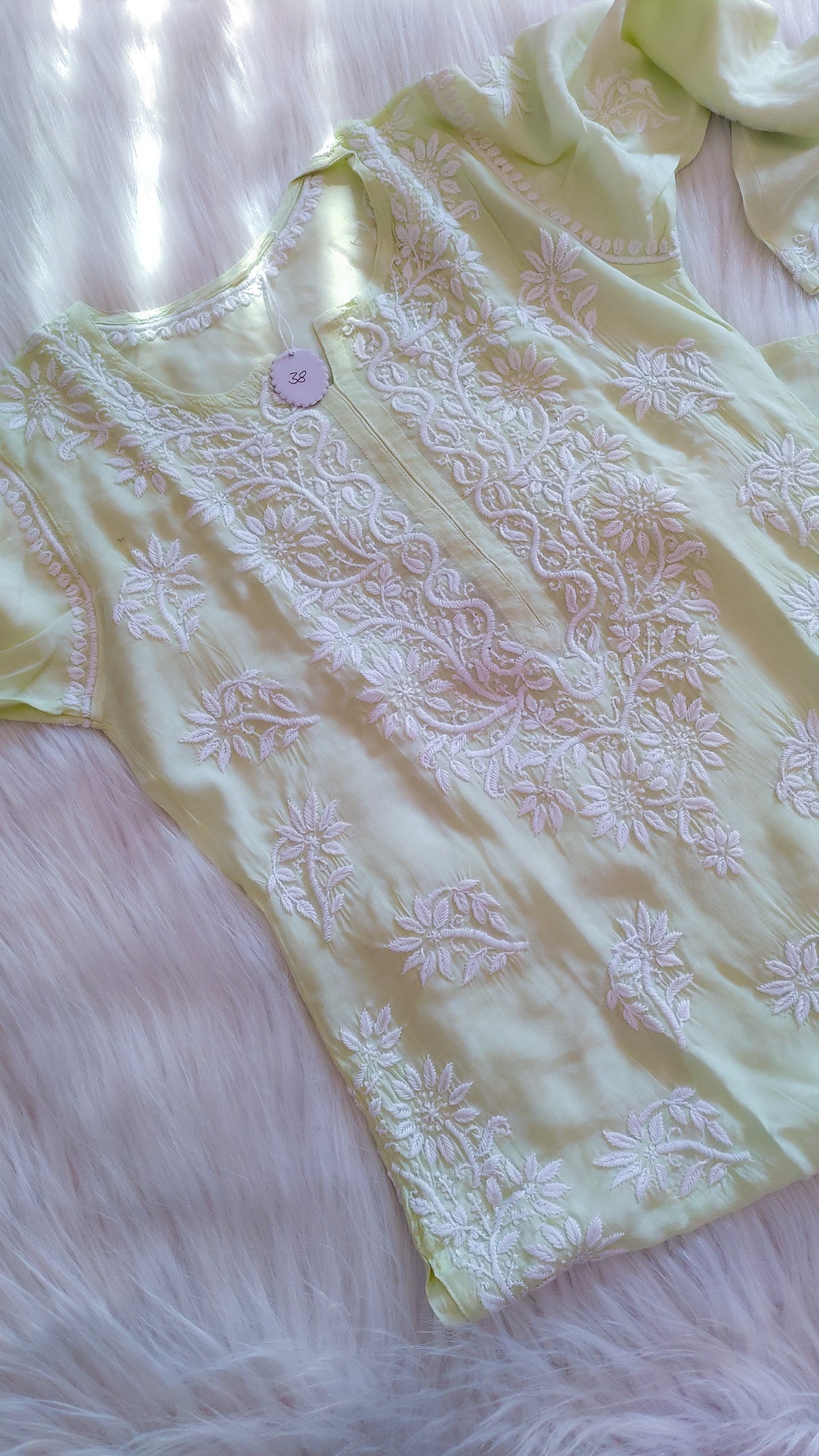 Feriha Pista premium cotton silk handcrafted Chikankari long kurta by LVW Fashions, featuring intricate Lucknow-style embroidery.