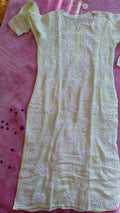 Feriha Pista premium cotton silk handcrafted Chikankari long kurta by LVW Fashions, featuring intricate Lucknow Chikankari embroidery.