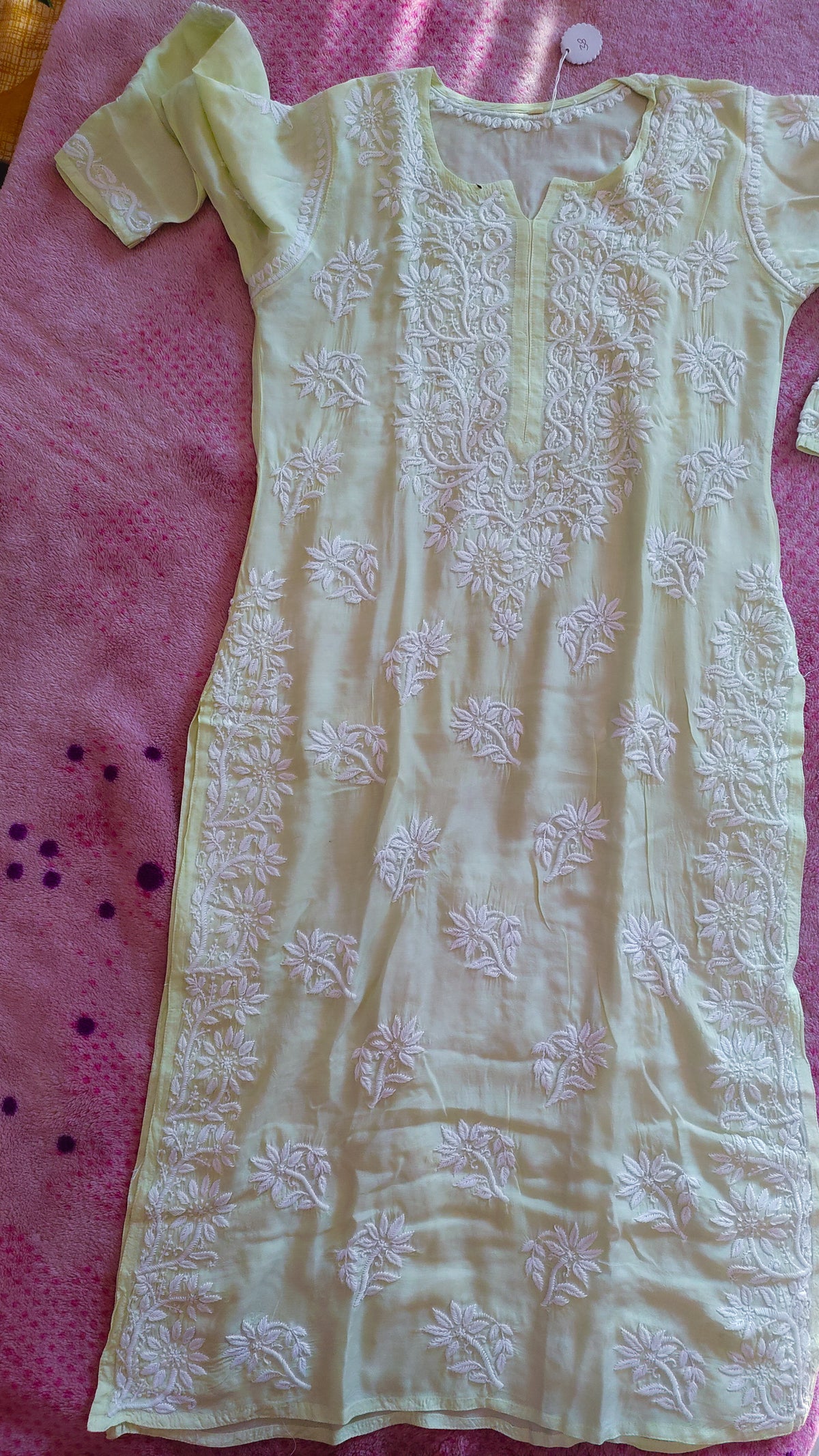 Feriha Pista premium cotton silk handcrafted Chikankari long kurta by LVW Fashions, featuring intricate Lucknow Chikankari embroidery.