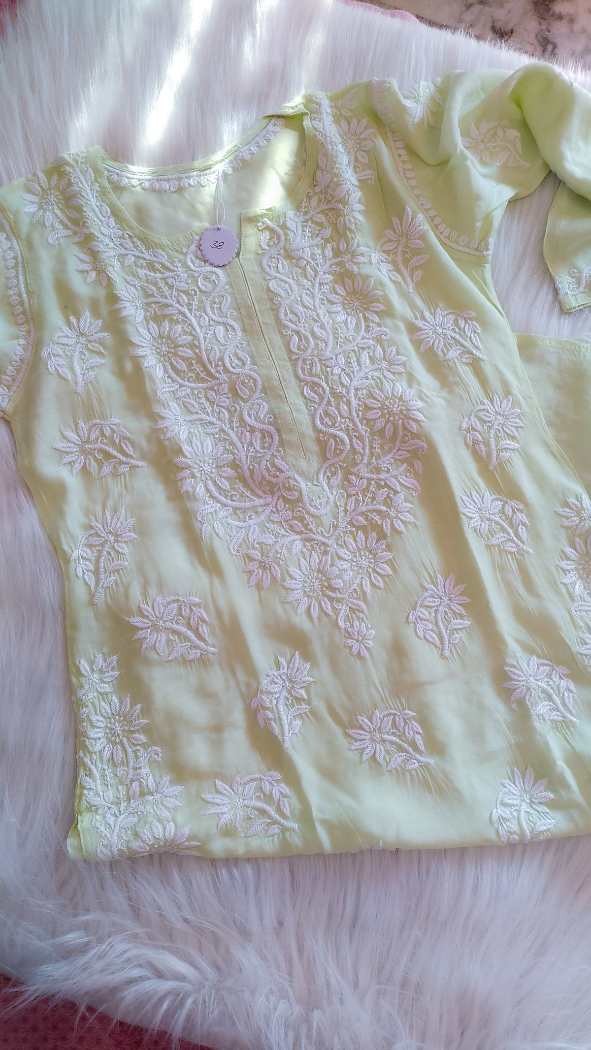 Handcrafted Feriha Pista cotton silk long kurta with intricate Lucknow Chikankari embroidery by LVW Fashions.