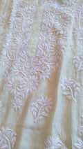 Feriha Pista premium cotton silk handcrafted Chikankari long kurta by LVW Fashions, featuring intricate Lucknow-style embroidery.