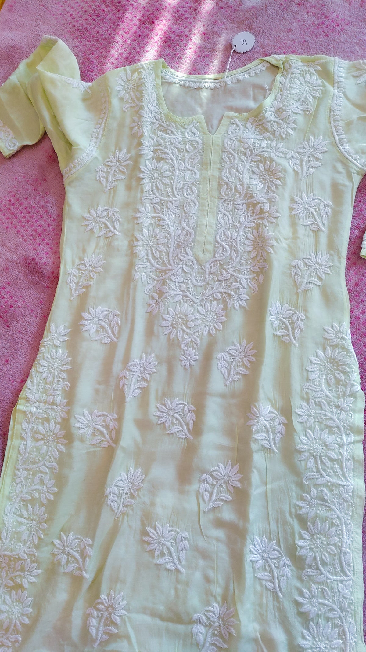 Feriha Pista premium cotton silk long kurta with intricate handcrafted Lucknow Chikankari embroidery, designed by LVW Fashions.