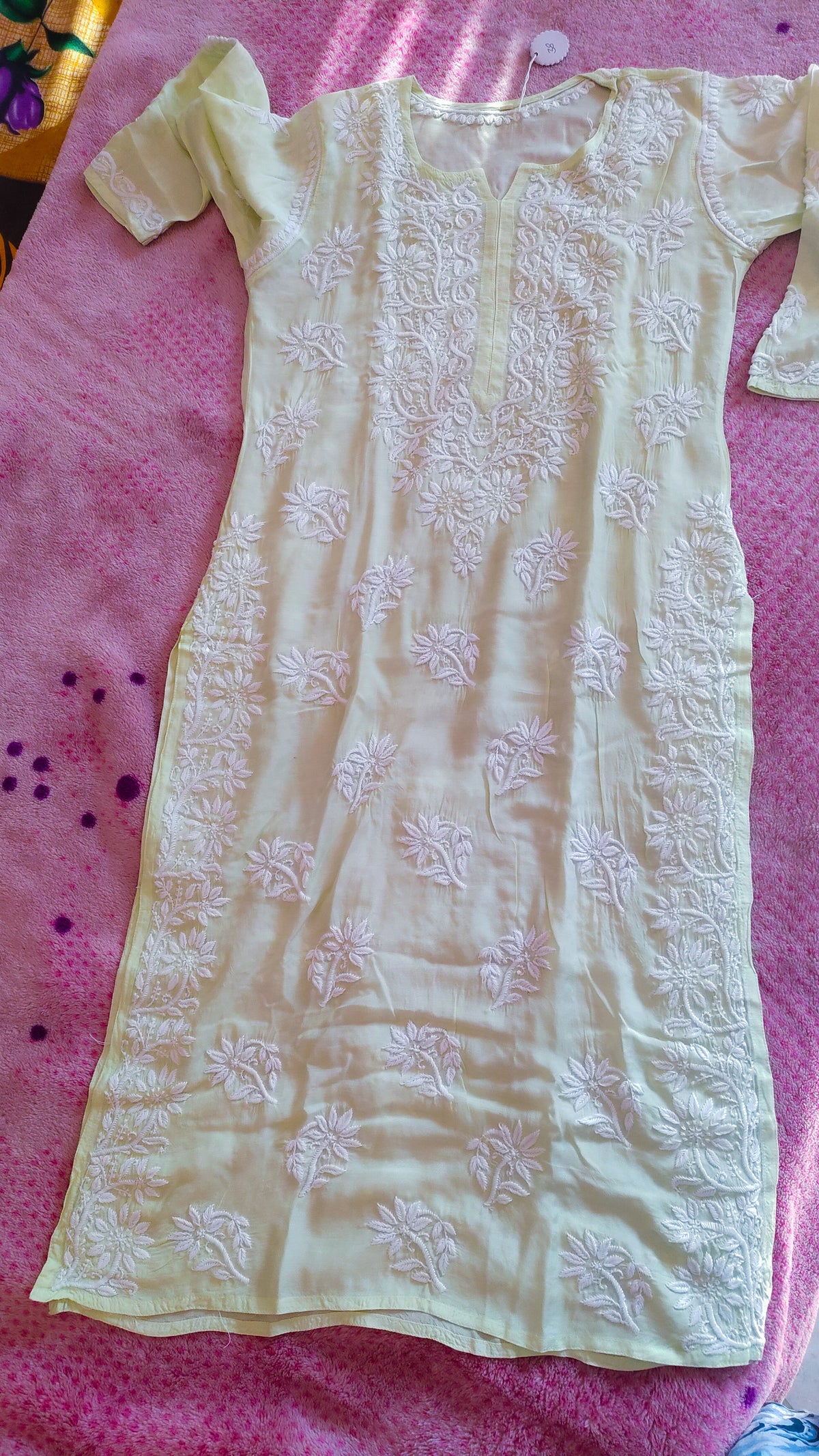 Feriha Pista Premium Cotton Silk Handcrafted Chikankari Long Kurta by LVW Fashions, featuring traditional Lucknow Chikankari embroidery.