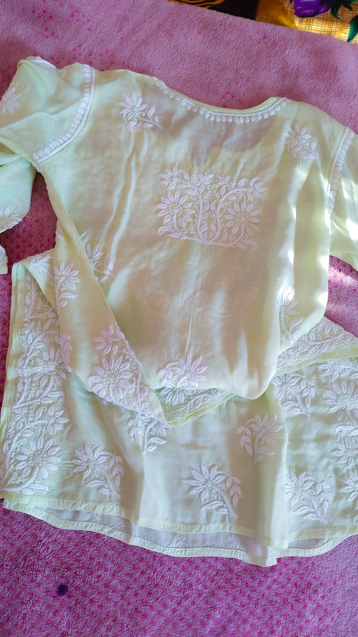 Feriha Pista premium cotton silk handcrafted Chikankari long kurta by LVW Fashions, featuring intricate Lucknow embroidery.