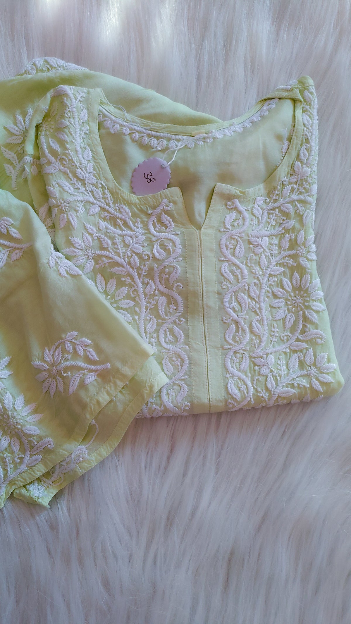 Feriha Pista premium cotton silk handcrafted Chikankari long kurta by LVW Fashions, featuring intricate Lucknow-style embroidery.