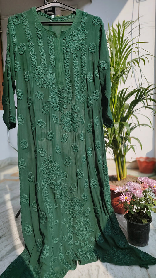 Feriha premium georgette long kurta with intricate Lucknow chikankari embroidery, in a beautiful shade, handmade by LVW Fashions.
