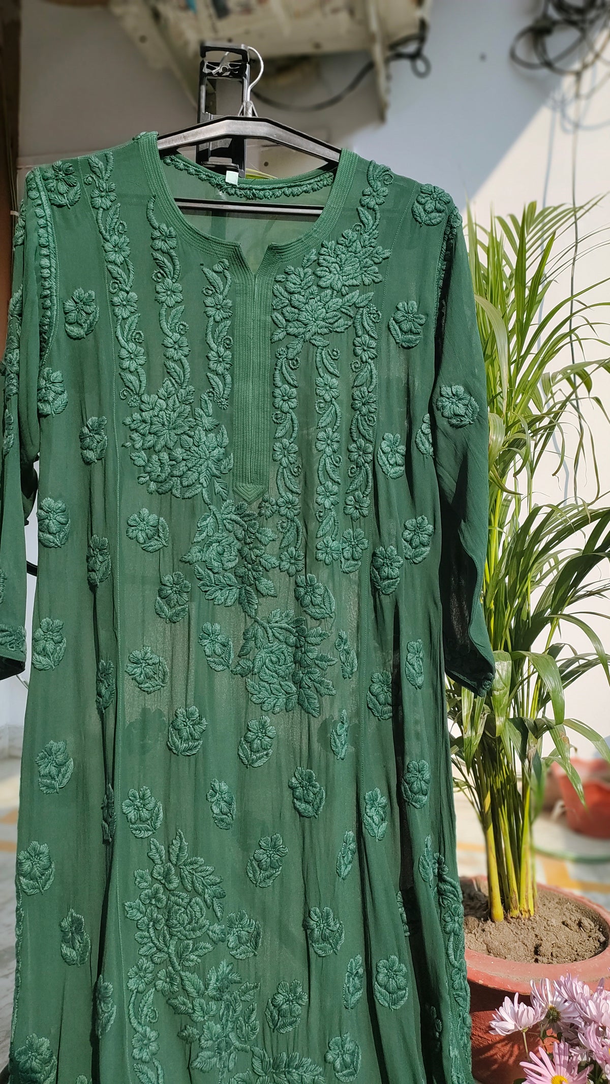 Feriha Premium Georgette Chikankari Long Kurta by LVW Fashions in beautiful shade, handmade Lucknow Chikankari, XXS size.
