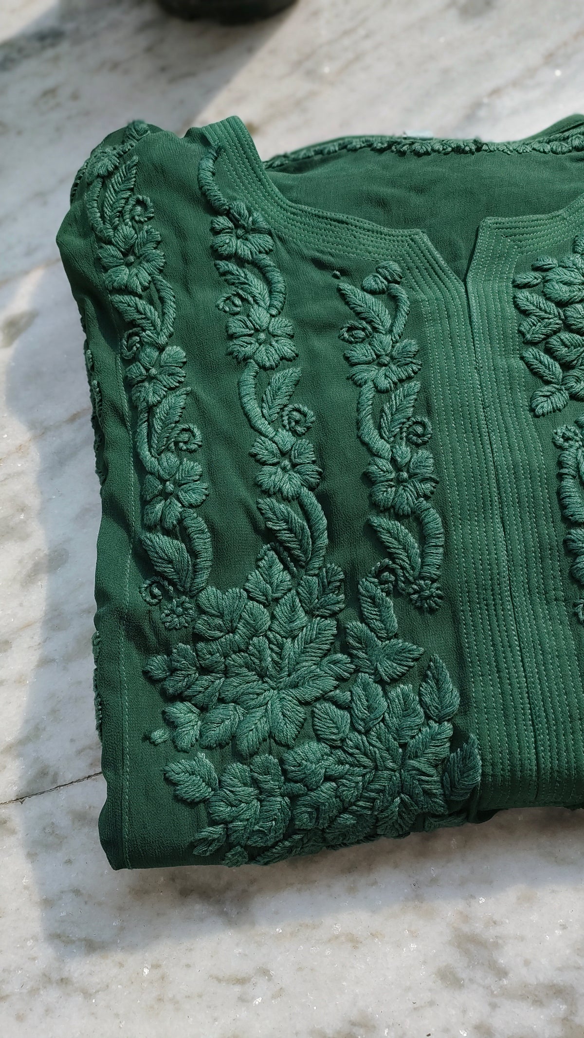 Beautiful Feriha premium georgette long kurta with intricate Lucknow chikankari embroidery, handcrafted by LVW Fashions.