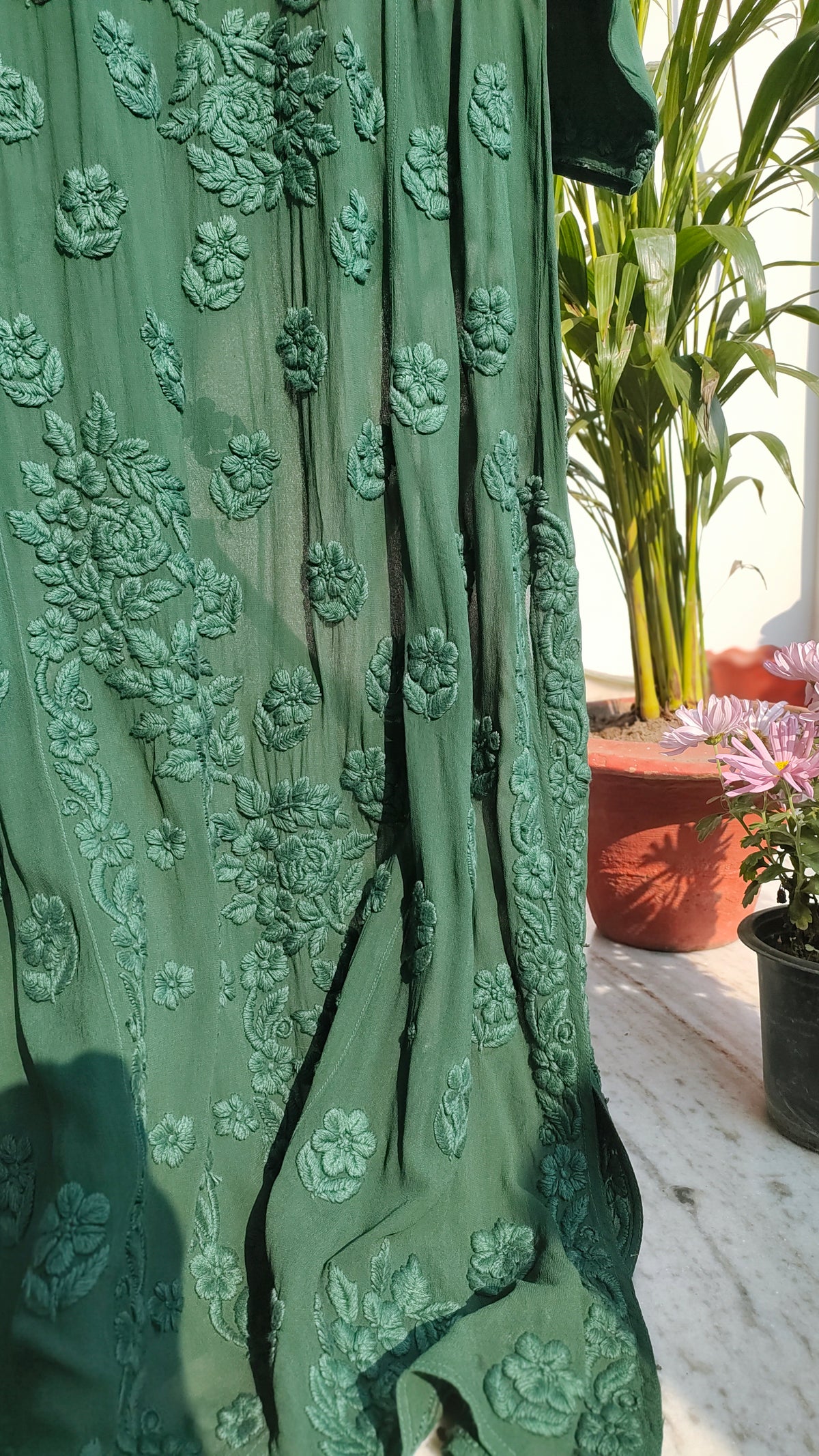 Feriha premium georgette long kurta with intricate Lucknow chikankari embroidery in a beautiful shade, handmade by LVW Fashions.