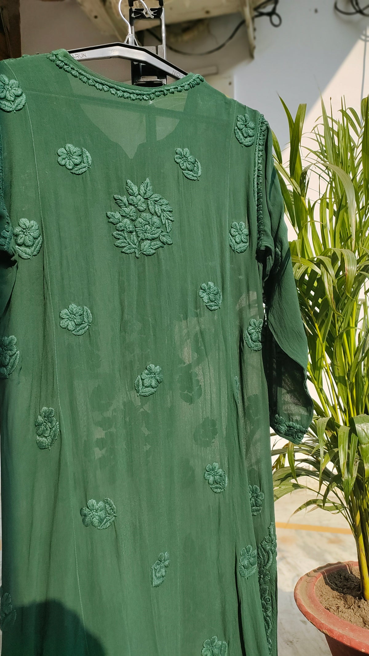 Feriha premium georgette long kurta with intricate Lucknow chikankari embroidery, in a beautiful shade, handmade by LVW Fashions.
