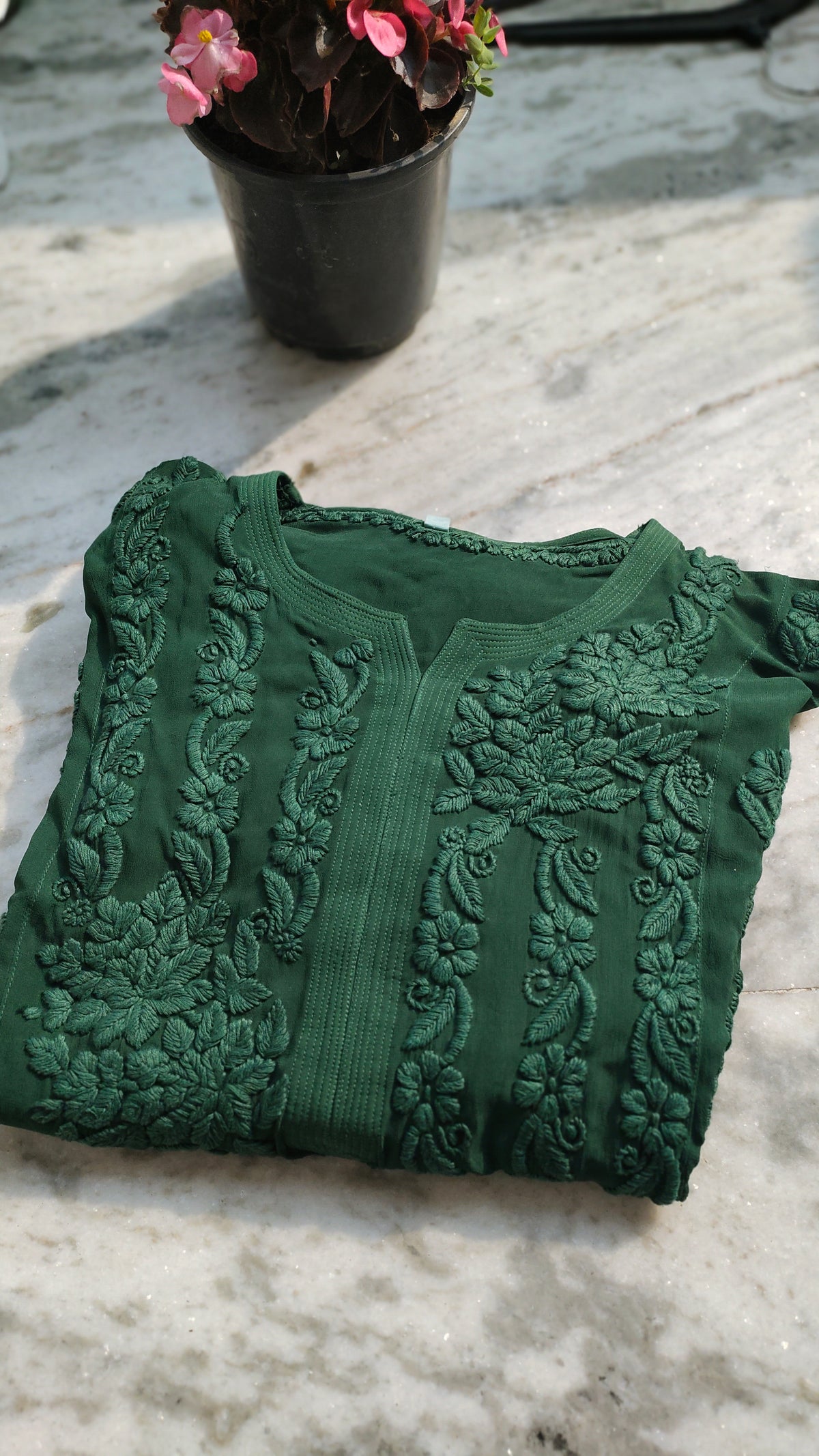 Feriha premium georgette long kurta with intricate Lucknow chikankari in a beautiful shade, handmade by LVW Fashions.