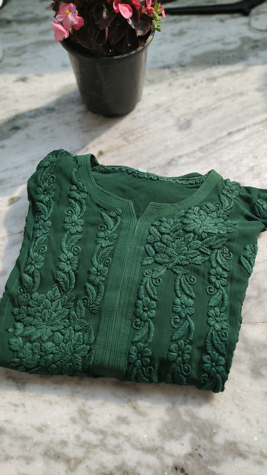 Feriha premium georgette long kurta with intricate Lucknow chikankari in a beautiful shade, handmade by LVW Fashions.