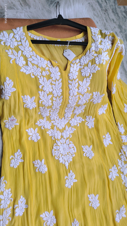 Luxury long silk kurta with intricate Lucknow chikankari embroidery by LVW Fashions, handmade and elegant for special occasions.