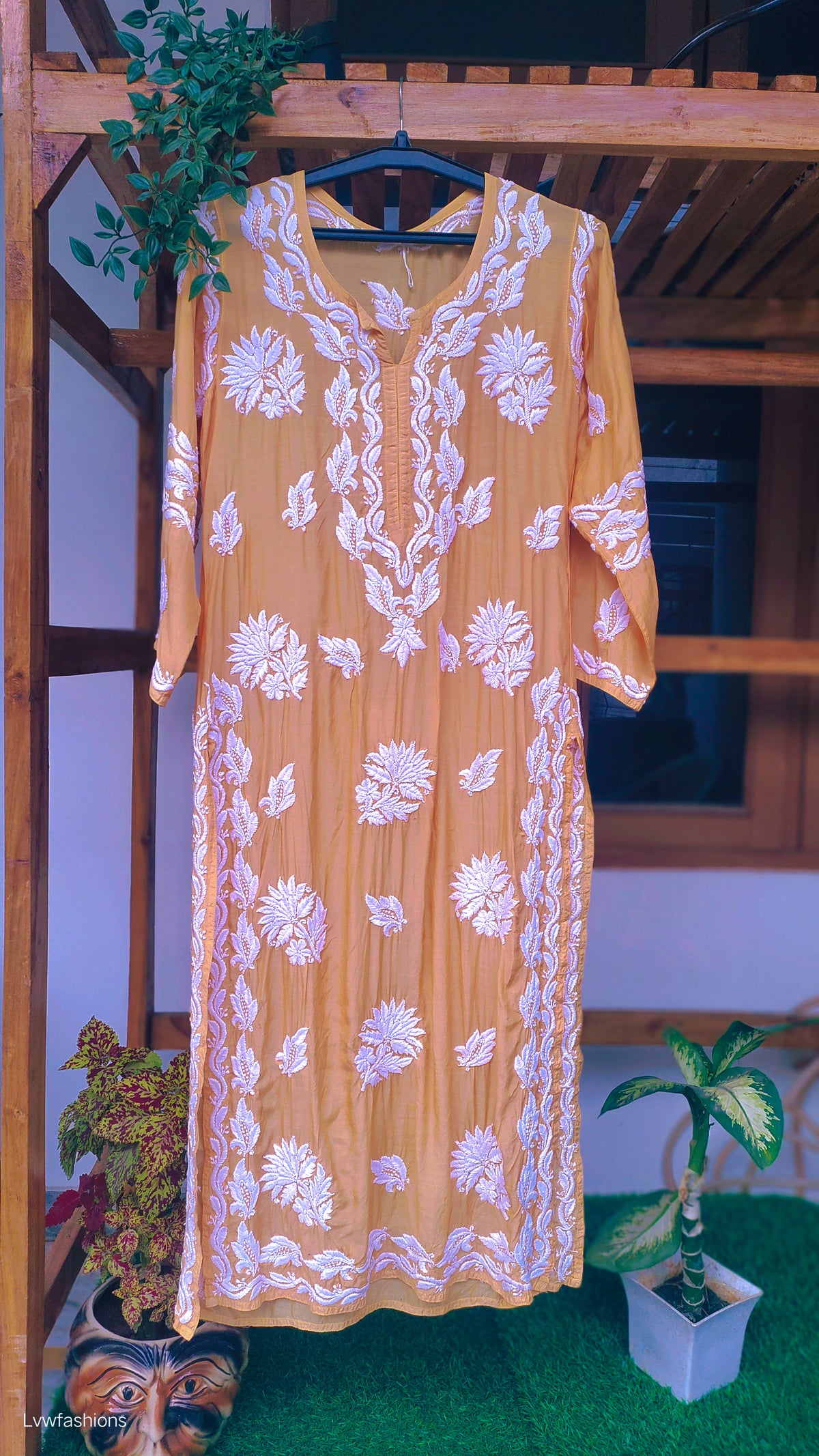 Luxurious Feriha premium silk long chikankari kurti by LVW Fashions, handmade Lucknow chikankari embroidery, elegant and traditional.