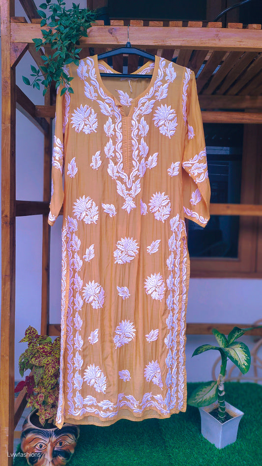 Luxurious Feriha premium silk long chikankari kurti by LVW Fashions, handmade Lucknow chikankari embroidery, elegant and traditional.