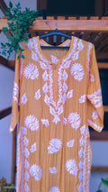 Luxury Feriha Premium Silk Long Chikankari Kurti by LVW Fashions, handcrafted pure silk with intricate Lucknow Chikankari embroidery.